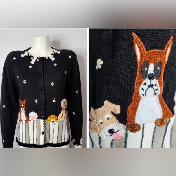 berek Sweaters - Vintage BEREK Dog Cardigan Sweater Womens M Black Beaded Puppies Poodle Boxer